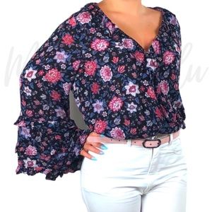 AEO Floral Blouse Cropped Peasant Sleeve Blouse XL